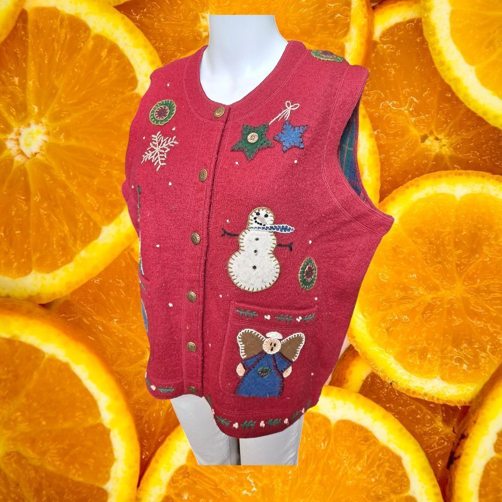 Woolrich Vintage Christmas Vest Holiday Santa Snowman Applique Wool Red Medium